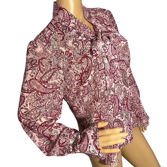VINTAGE DANA GIBSON SHIMMERY PAISLEY FLORAL RUFFLE SLEEVE PUSSY BOW BLOUSE  SZ M - Picture 4 of 16